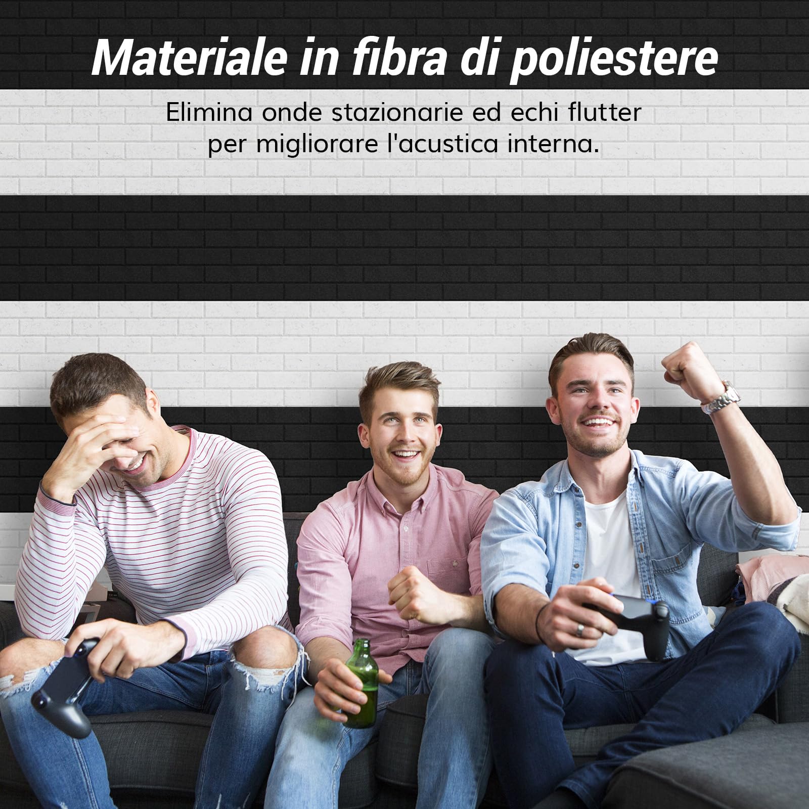 TONOR Set di 18 Pannelli Acustici a Forma di Mattone, 30 x 30 x 0,9 cm Schiuma Acustica Autoadesiva, Pannello Decorativo da Parete per Salotti, Camere da Letto e Uffici, Nero