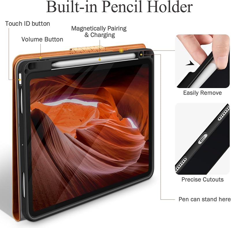 AUAUA iPad Air 13" M3/M2 Bőrtok - Barna Védőtok Ceruza Tartóval, Pencil Pro/USB-C Kompatibilis, Automatikus Alvó Funkcióval