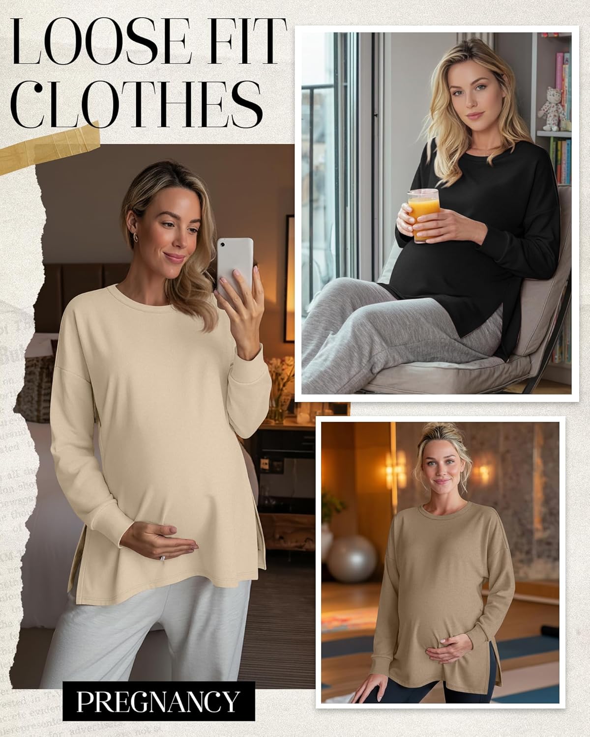 Ficerd 4 Pack Women's Casual Maternity T-Shirts, Long Sleeve Crew Neck Split Side Tee Tops Shirts Loose Fit Pregnancy Clothes - Image 2