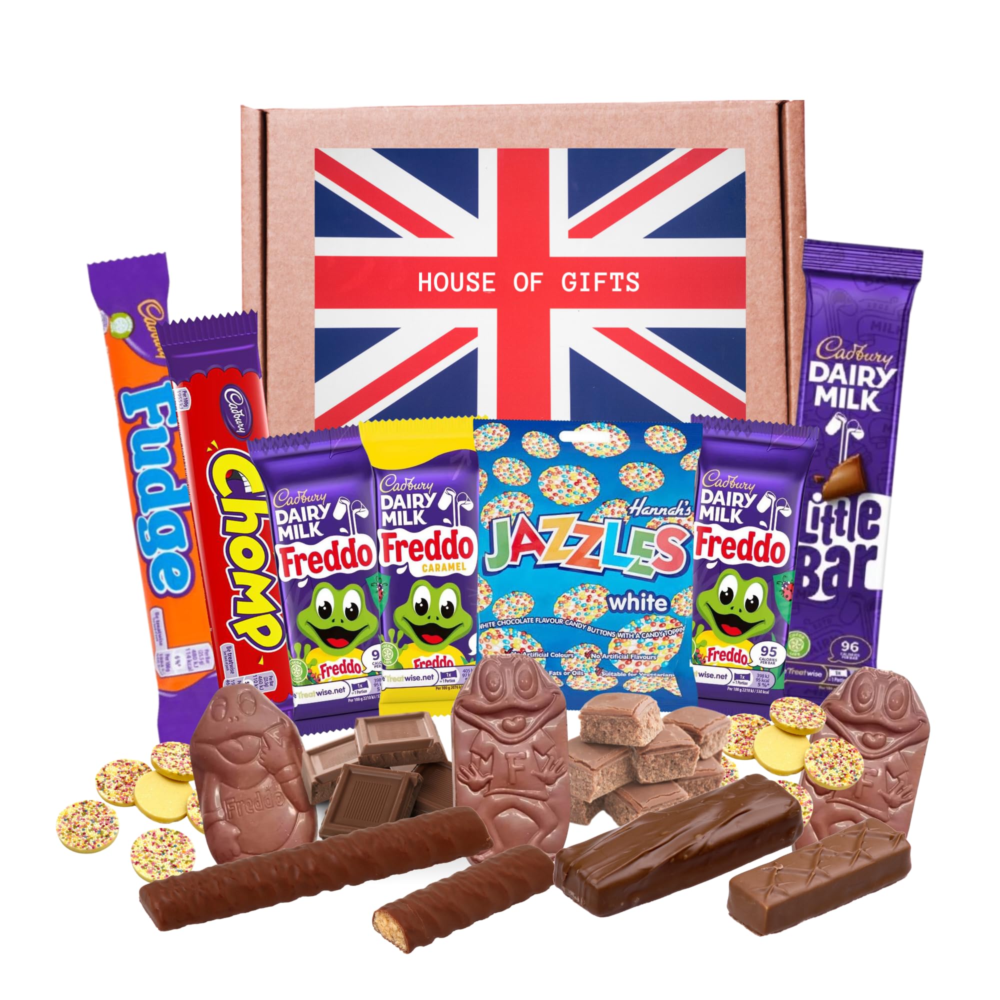 British Chocolate Candy Bars Gift Snack Box | Full of 7 Traditional UK English Treats Including Freddo, Fudge, Chomp, Jazzles, Dairy Milk | UK Import