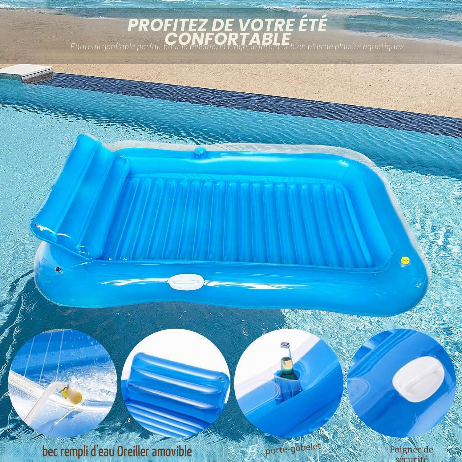 Piscine de bronzage gonflable, piscine solaire gonflable avec porte-gobelet, matelas gonflable amphibique pour adultes, convient pour piscines, plages, jardins