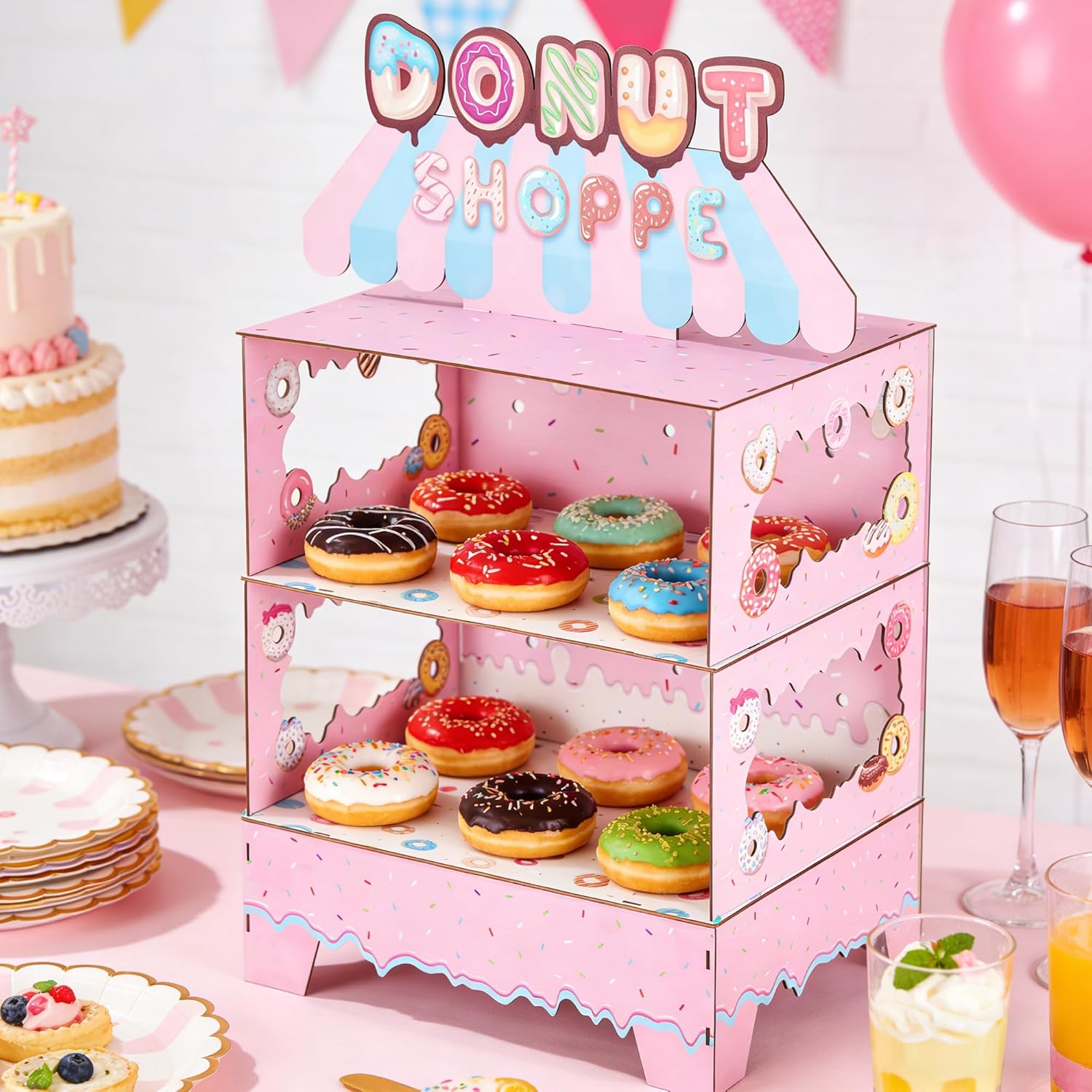 Donut Stand Birthday Party Decorations 3 Tier Sweet Candy Cupcake Holder Lollipop Ice Cream Dessert Table Decor for Girls Themed Birthday Party Supplies