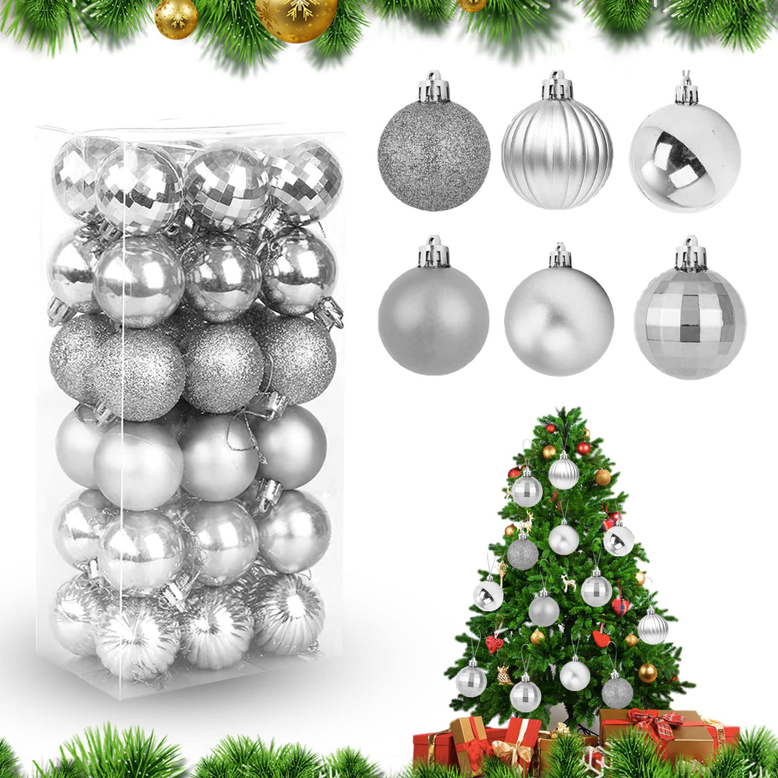 Palline per albero di Natale in argento e oro, per decorazioni natalizie, 36 ornamenti infrangibili per albero di Natale con anello da appendere, per decorazioni stagionali per feste, feste e feste
