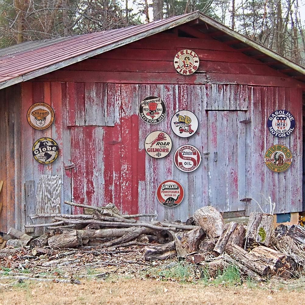 Vintage Gas Sign Reproduction Vintage Metal Signs Round Metal Tin Sign For Garage And Home 11.75 Inch Diameter – Compatible with Ford Trucks Last To Built