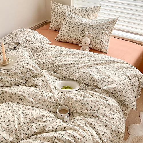 Miniatura 3 de Juego de funda de edredón floral estética, tamaño Queen, acogedor juego de ropa de cama de algodón, tamaño Queen, estilo shabby chic, verde,