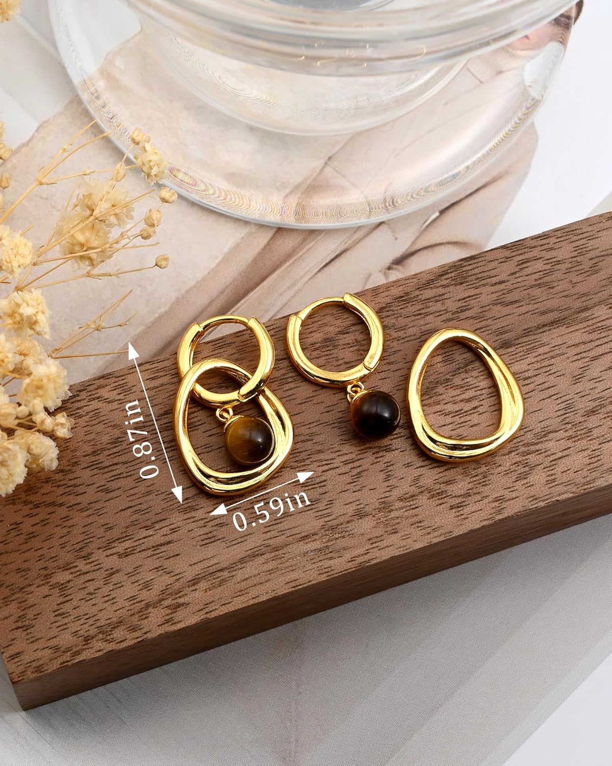 Wotforsh 14k Gold Plated Tiger Eye Brown Natural Stone Circle Dangle and Drop Simple Minimalist Vintage Earrings for Women - Image 4