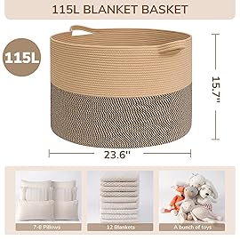 INDRESSME 115L Extra Large Blanket Basket, Woven Baskets for Storage, Wicker Storage Basket for Organizing Woven Laundry Baskets for Toy Pillow Shoe Entryway, Camel & Mix Camel
