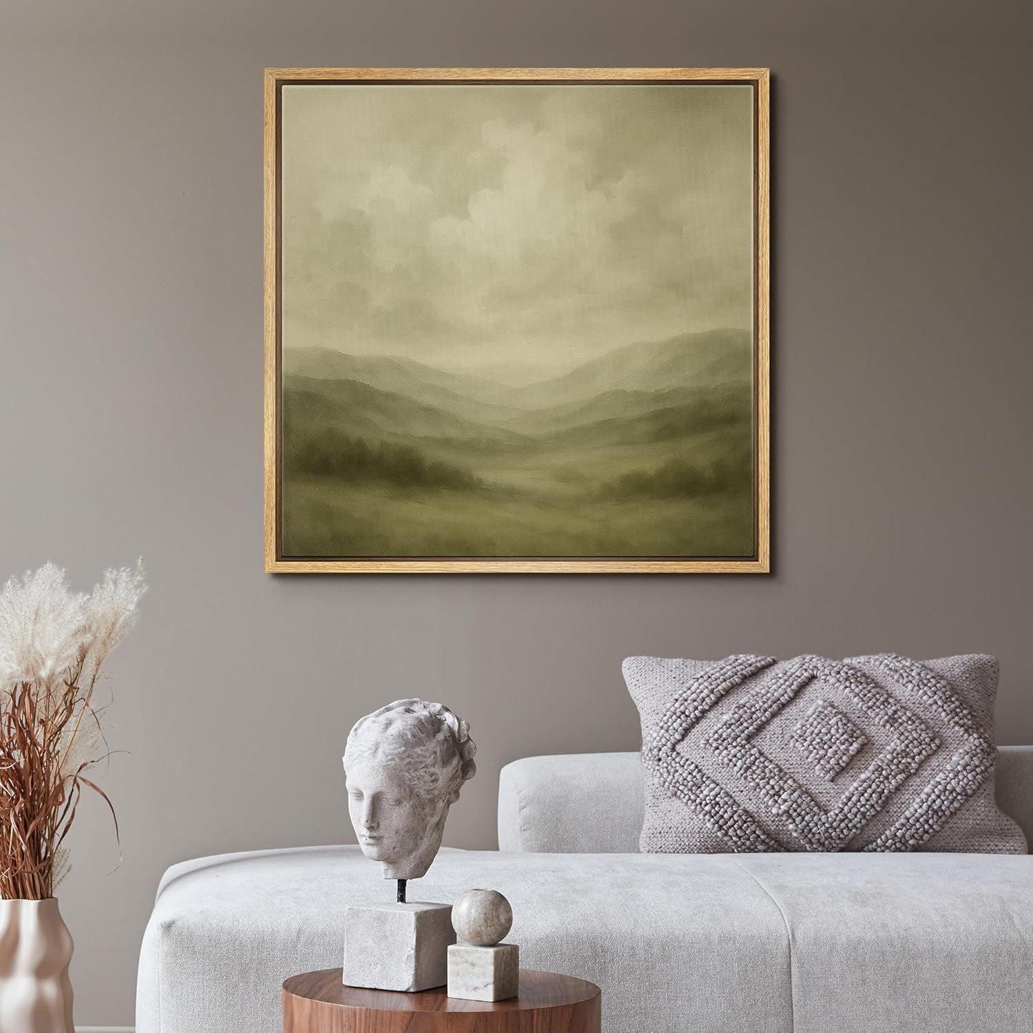 MUDECOR Framed Canvas Print Wall Art Soft Green Mountain Ranges Minimalist Misty Landscape Illustrations Realism Decorative Panoramic Earth for Living Room, Bedroom, Office - 24"x24" Natural