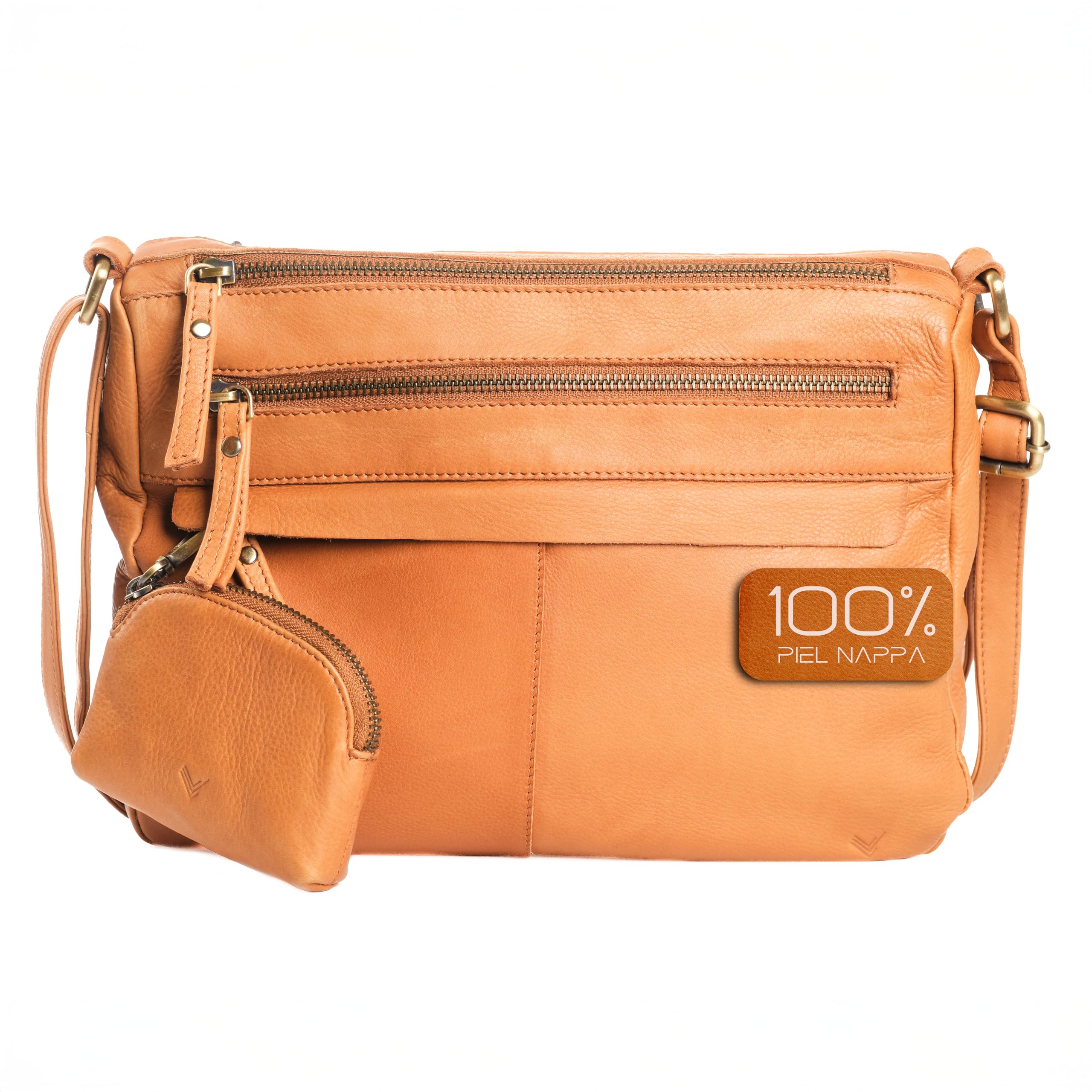 Bolso Bandolera Mujer Piel Auténtica - Bolso Mujer Bandolera Regulable con Estilo - Cuero con múltiples Cremalleras - Muchos Compartimentos para uso diario – Monedero de Regalo.