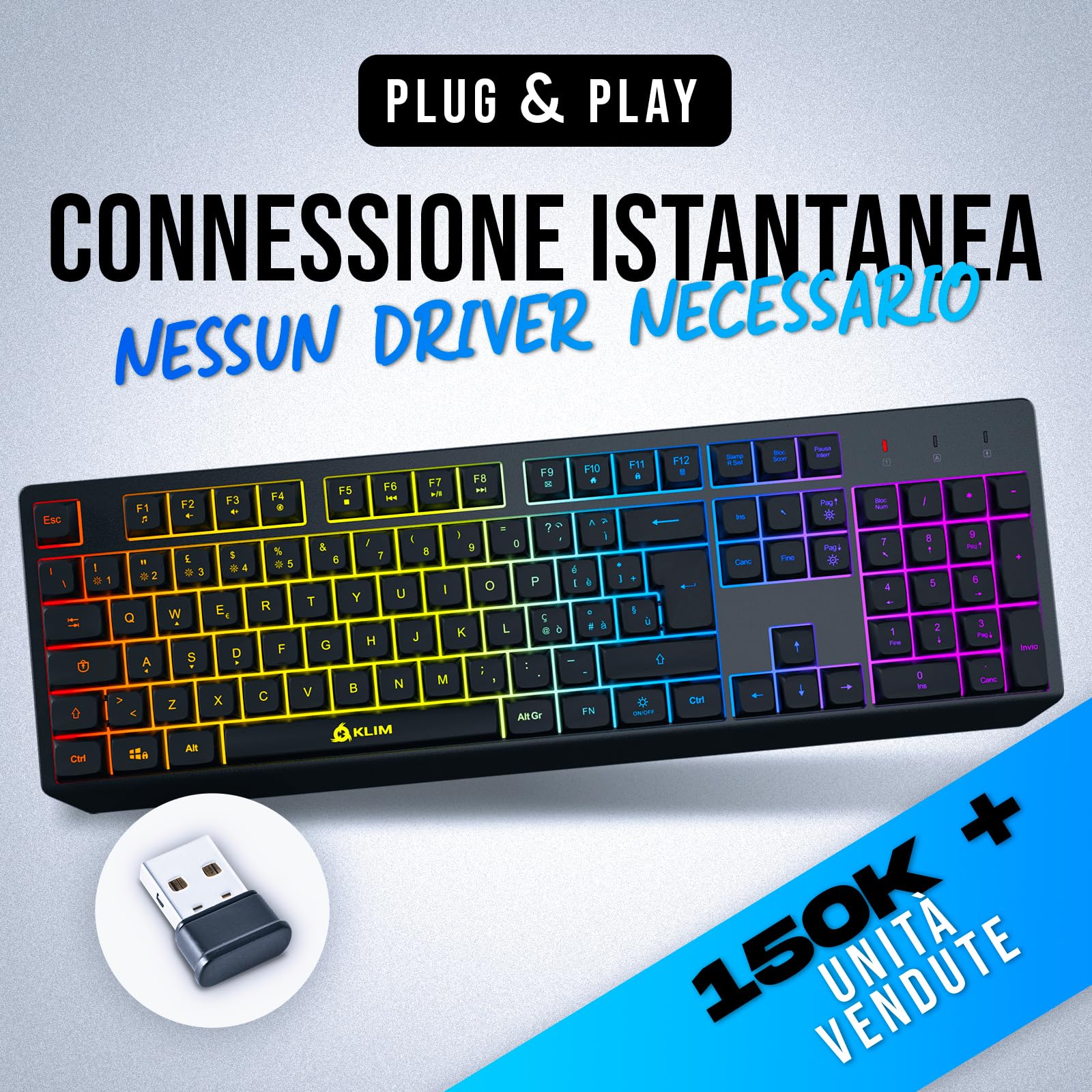 KLIM™ Chroma - Tastiera wireless per gamer QWERTZ Deutschland, sottile, durevole, ergonomica, discreta, impermeabile, silenziosa + tastiera Gamer retroilluminata per PC Mac + tastiera PS4 + nuova
