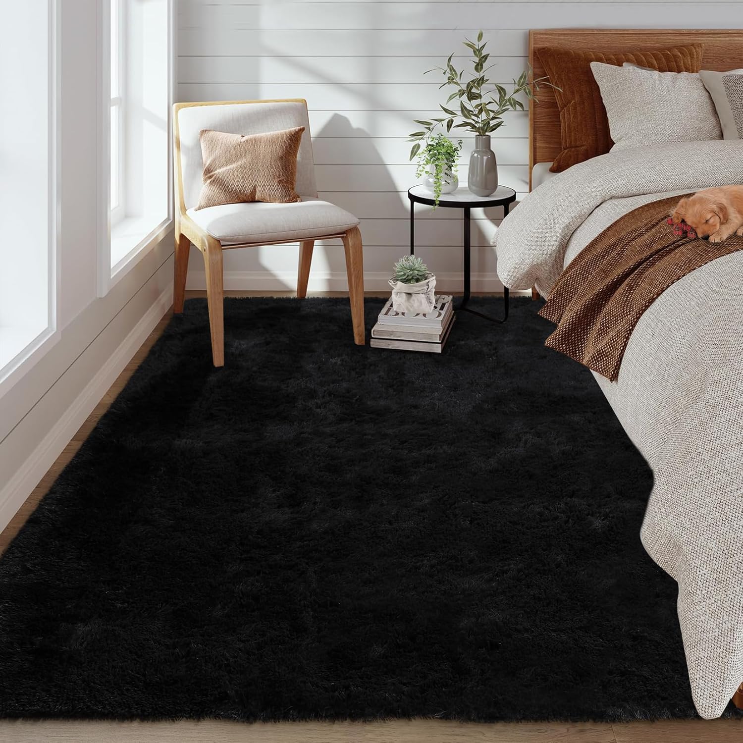GarveeHome 5x8 Fluffy Area Rug- Shag Area Rug for Living Room, Shaggy Large Indoor Thick Living Room Carpet with Non-Slip Backing, Soft Plush Fuzzy Carpet for Bedroom, 5x8, Black