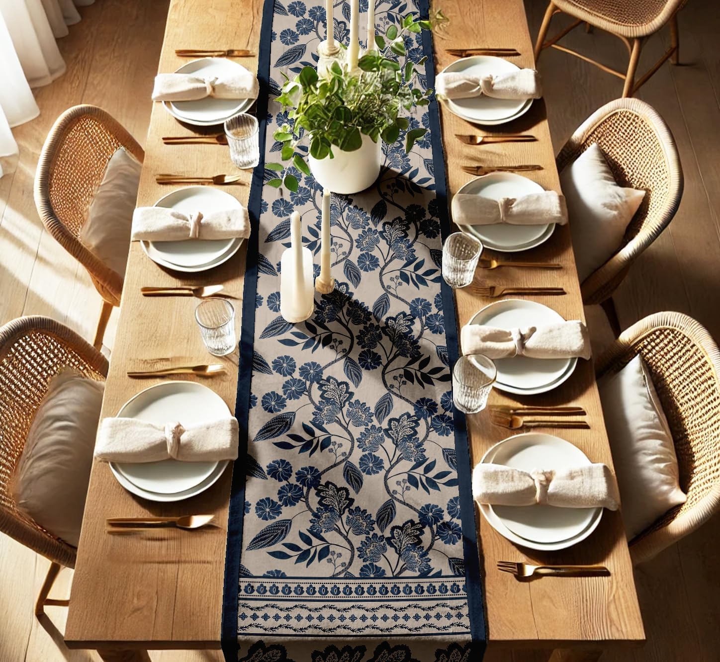 Double Layer Cotton Table Runner with Border - Leaves Print, Machine Washable - Dining Table Décor for Farmhouse & Modern Homes