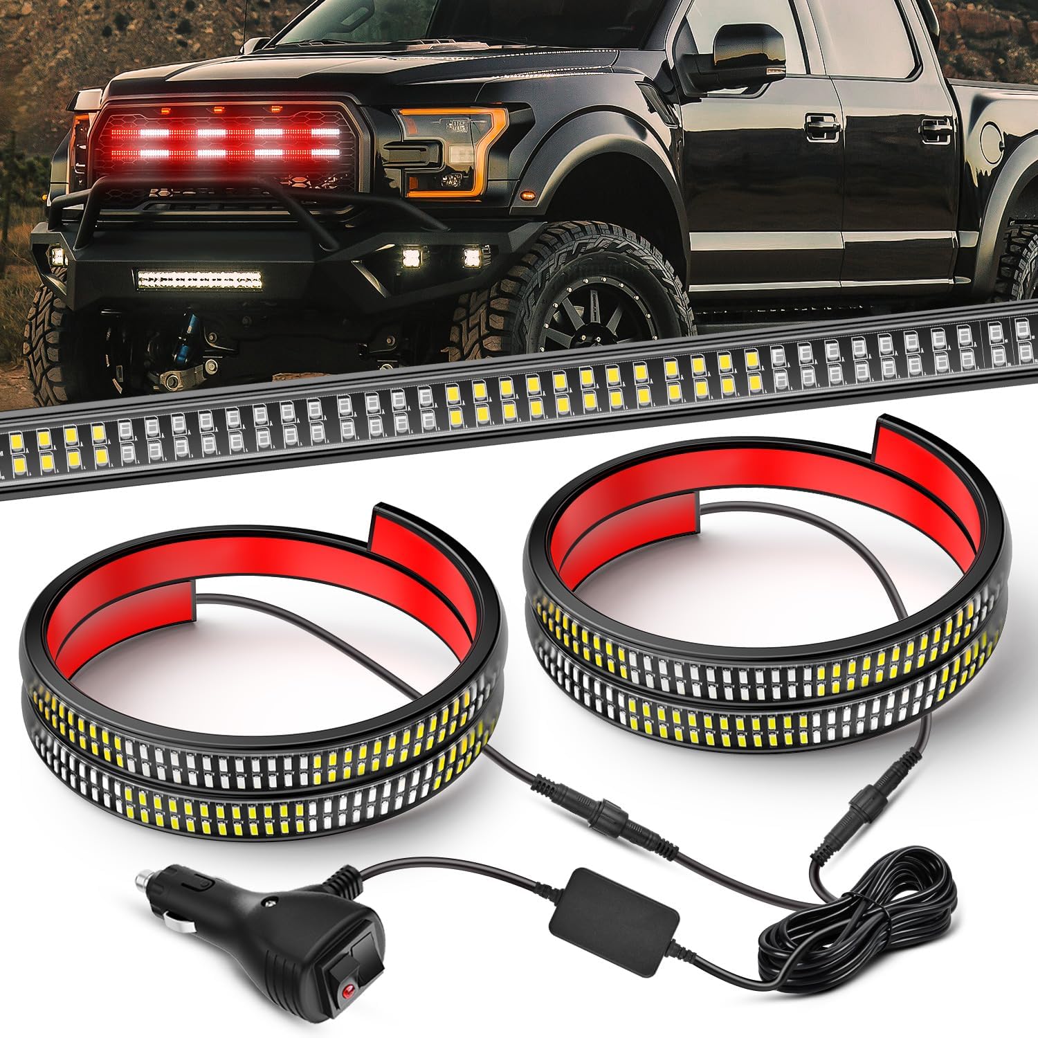 Nilight 2PCS 24 inch Truck Grille Strobe Lights Strip 384 LED Emergency Light Red White Flexible Side Flashing Warning Caution Safety Waterproof Lighting Kit for Trucks Tow Plow Construction Vehicles