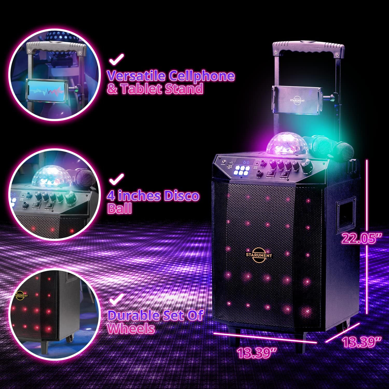 Starument Portable Karaoke Machine for Adults & Kids Complete Karaoke System Includes Bluetooth Speakers on Wheels, 2 Bluetooth Microphones, Disco Ball, LED Speaker Light, Cell Phone Stand & USB Aux - Image 4