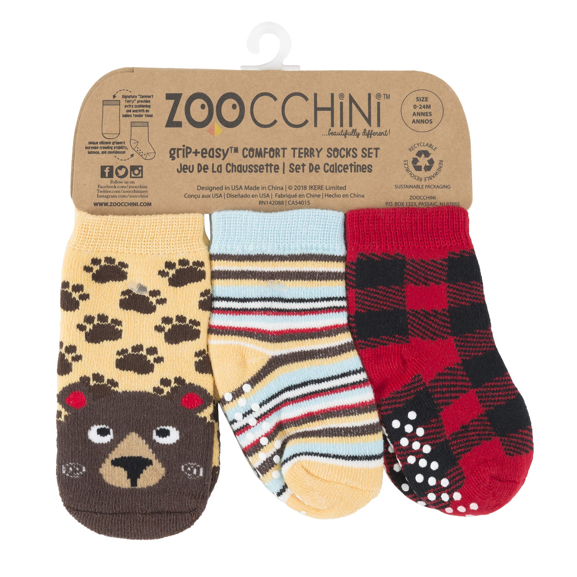 ZOOCCHINI Baby Socks Set 0-24 Months 3 Unique Pair Terry Socks, Soft Warm Cozy Non Slip Crew Grip Socks for Newborn Boys and Girls