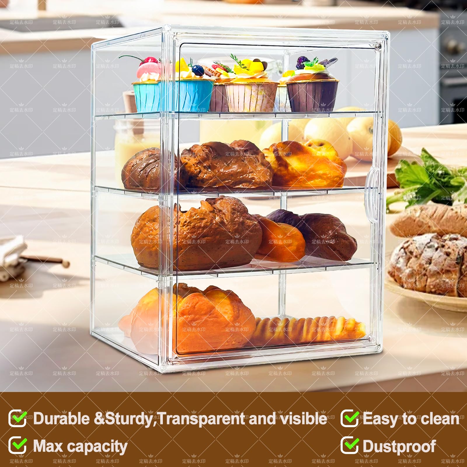 Vitrina de repostería ajustable de 4 capas para encimera de cocina, contenedor grande transparente de almacenamiento de pan con puerta magnética, vitrina de pastelería de 15.6 x 11.5 x 9.9 pulgadas