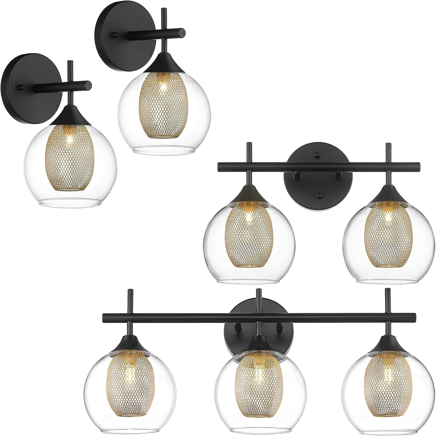 Audickic Set of 2 Black Wall Sconce, 2-Light Bathroom Light Fixture and ...