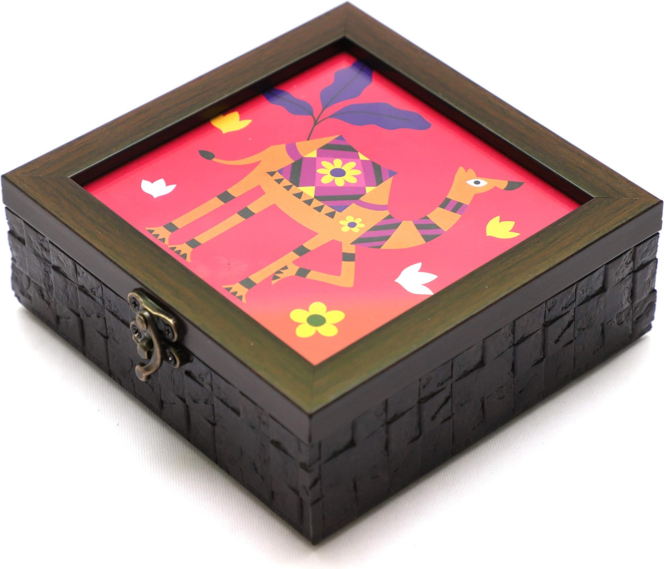 Intelligent Idiots Camel Printed Wood Storage Box, Texturize Design with Colorful Print to Store Your Jewelry/Chocolates/Dryfruts & More Attractively, Ideal Gift (5.3 X 5.3 inch)