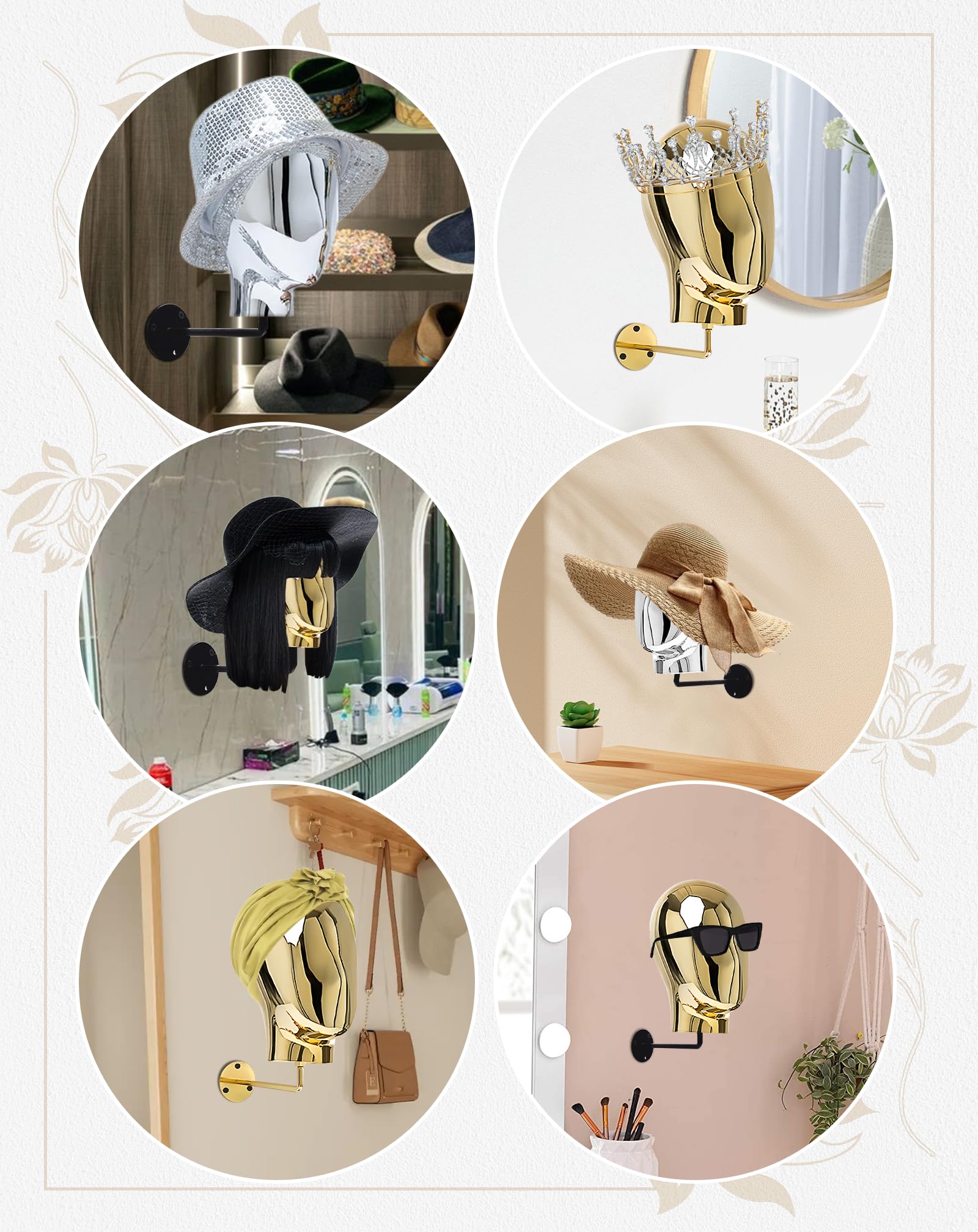 CHADWICK Wall Mount Hat Stand - 21" Gold Chrome Hollow Mannequin Head For Displaying Wigs, Hats, Caps & Jewelry - View #4