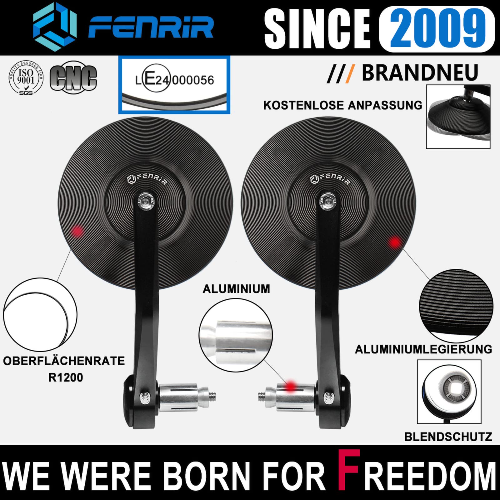 FENRIR E Geprüft E24 Lenkerendenspiegel Motorrad Spiegel Seitenspiegel lenkerende Rückspiegel Blendschutz motorradspiegel Schwarz Runde Retro CNC Zum Roller Supersport Scrambler Cafe Racer Cruiser