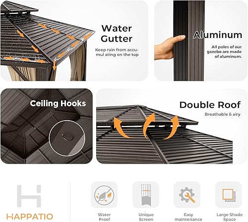 Miniatura 3 de HAPPATIO Gazebo de techo rígido de 10 x 12 pies con marco de aluminio, kiosco para exteriores con techo doble de acero galvanizado para terraza,