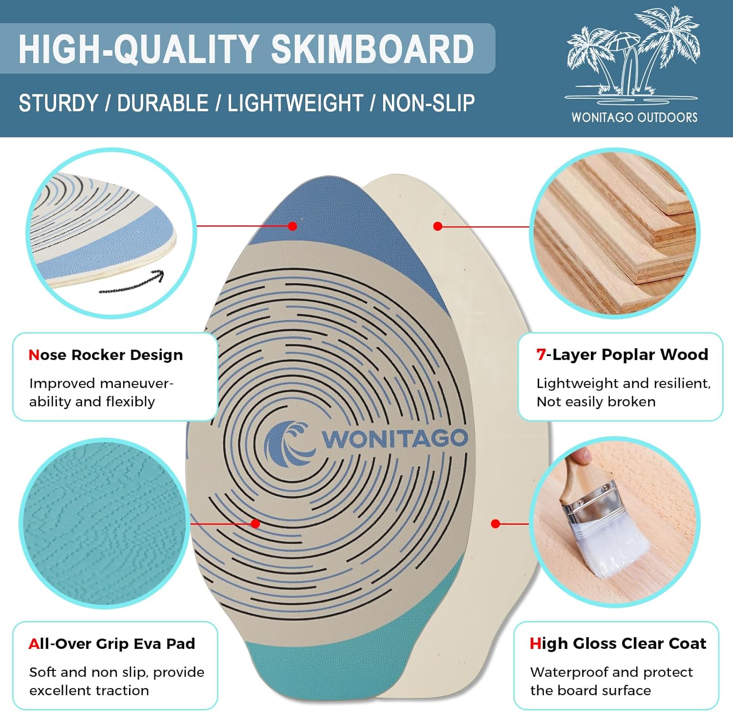 Skimboard with EVA Grip Pad and High Gloss Clear Coat, Wooden Skim Boards for Kids Young and Adults