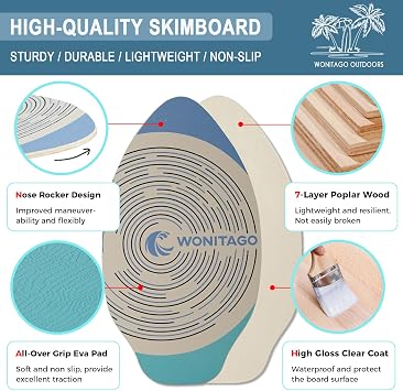 Skimboard with EVA Grip Pad and High Gloss Clear Coat, Wooden Skim Boards for Kids Young and Adults
