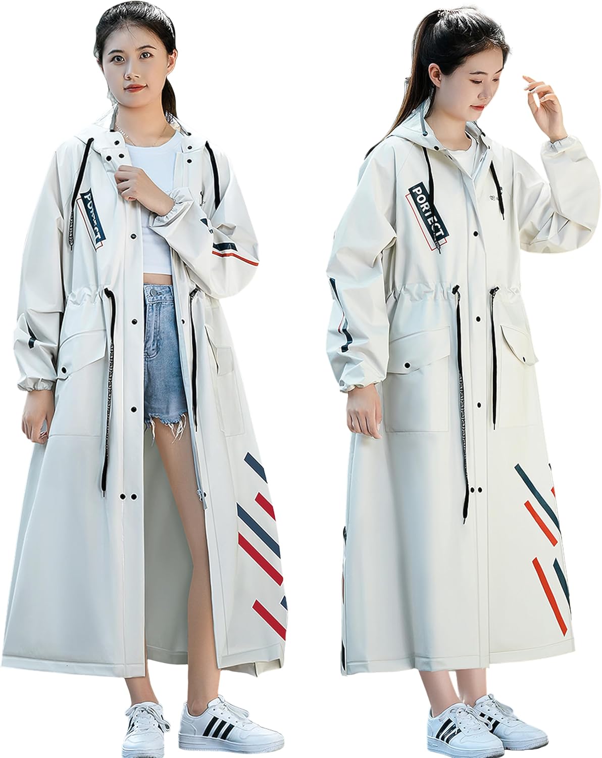 [MASTORE] ウエストシンチ ロングレインコート 自転車用 【2025新設計 2重バイザー・赤青ストライプ付き】 レディース