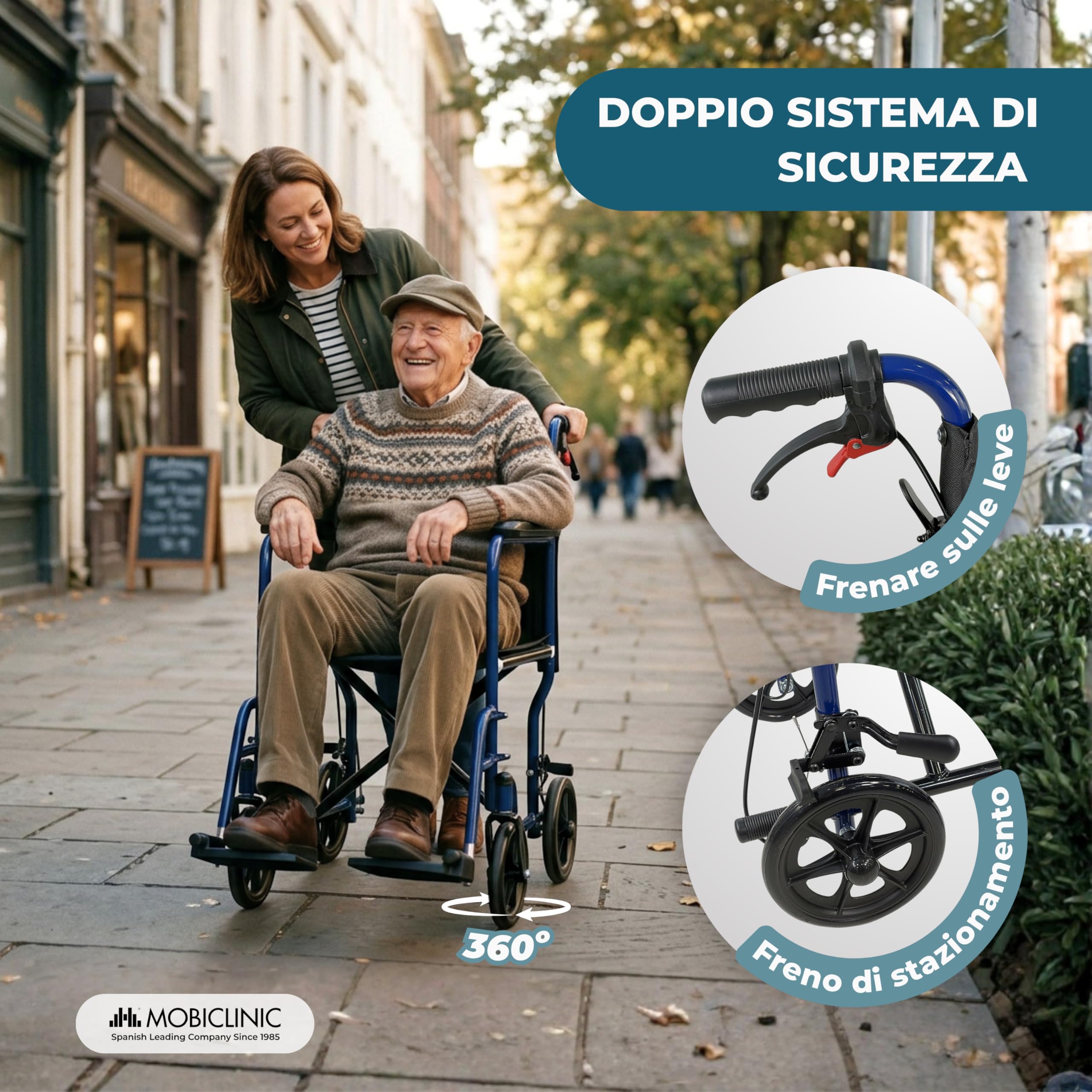 Mobiclinic®, Sedia a Rotelle Pieghevole, da Transito, Schienale pieghevole, Poggiapiedi Removibili, Doppio Sistema Frenante, Braccioli Imbottiti, Acciaio, Leggera e Compatta, Napoli