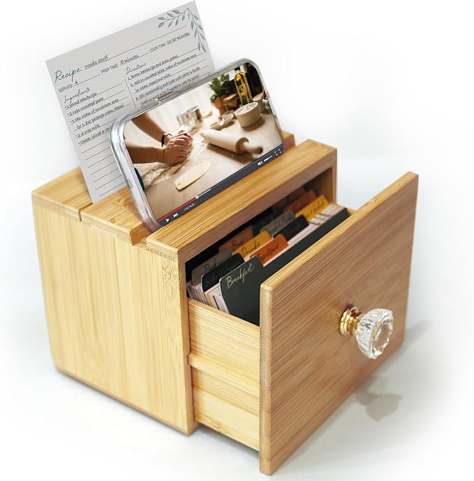 Recipe Box with Cards and Dividers | Recipe Card Box with 50 Recipe Cards and 12 Dividers | Bamboo Wooden Recipe Box | Recipe Box 4x6 | Drawer Recipe boxes