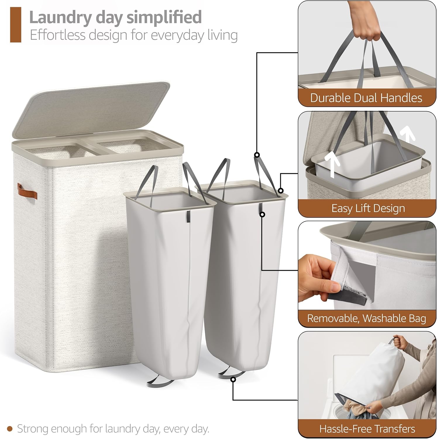 Sorbus Laundry Hamper with Lid - Collapsible 2-Compartment Fabric Laundry Basket with Handles and Removable Laundry Bag – 45 Gallon (170 L) Dirty Clothes Hamper for Bedroom, bathroom and dorm (Beige)
