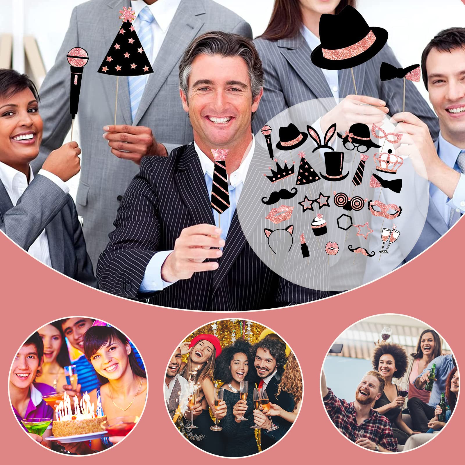 Kit Photo Booth 24 Pezzi Matrimonio - Accessori Foto Per Feste, Addio Nubilato, Compleanni, Natale (Oro) - Foto 7