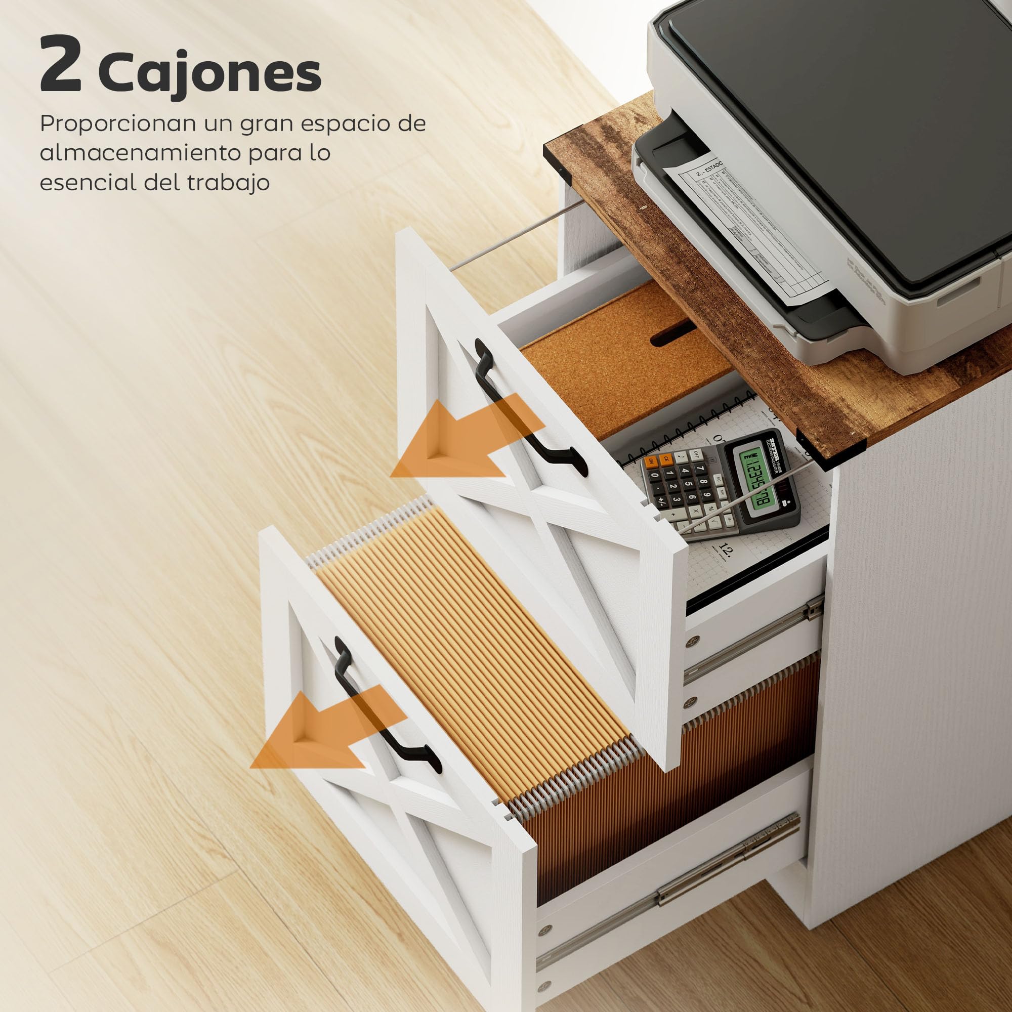 HOMCOM Commode de Bureau avec 2 tiroirs, Commode de Bureau, classeur, Porte-imprimante, avec Rail de Suspension pour A4 et Letter, 40x40x71 cm, Blanc