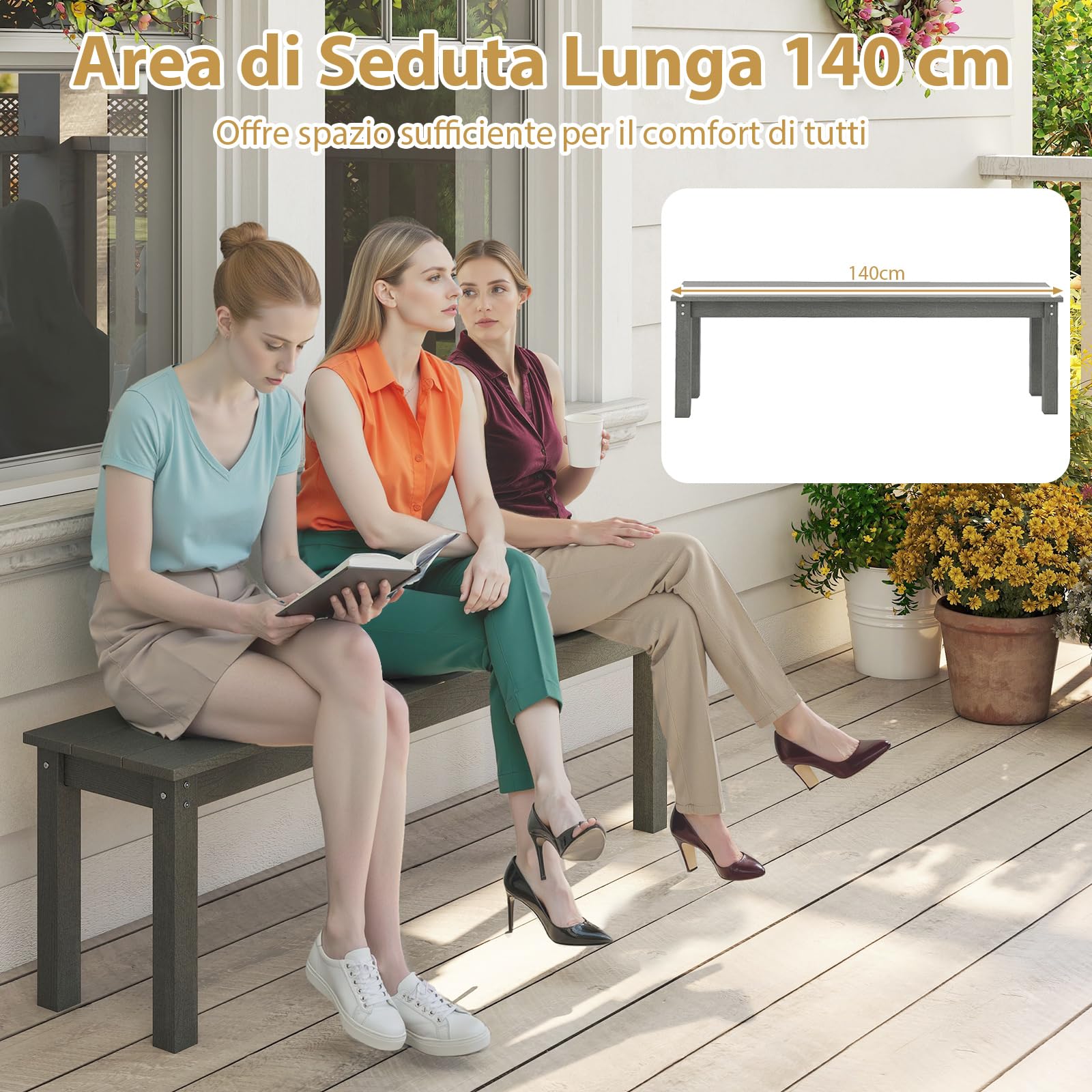 COSTWAY Panchina da Esterno in HDPE 140 x 35 x 45 cm, Panca da Giardino Senza Schienale per 2-3 Persone, Panchina dello Spogliatoio per Patio e Cortile, Portata 340 kg (Grigio)