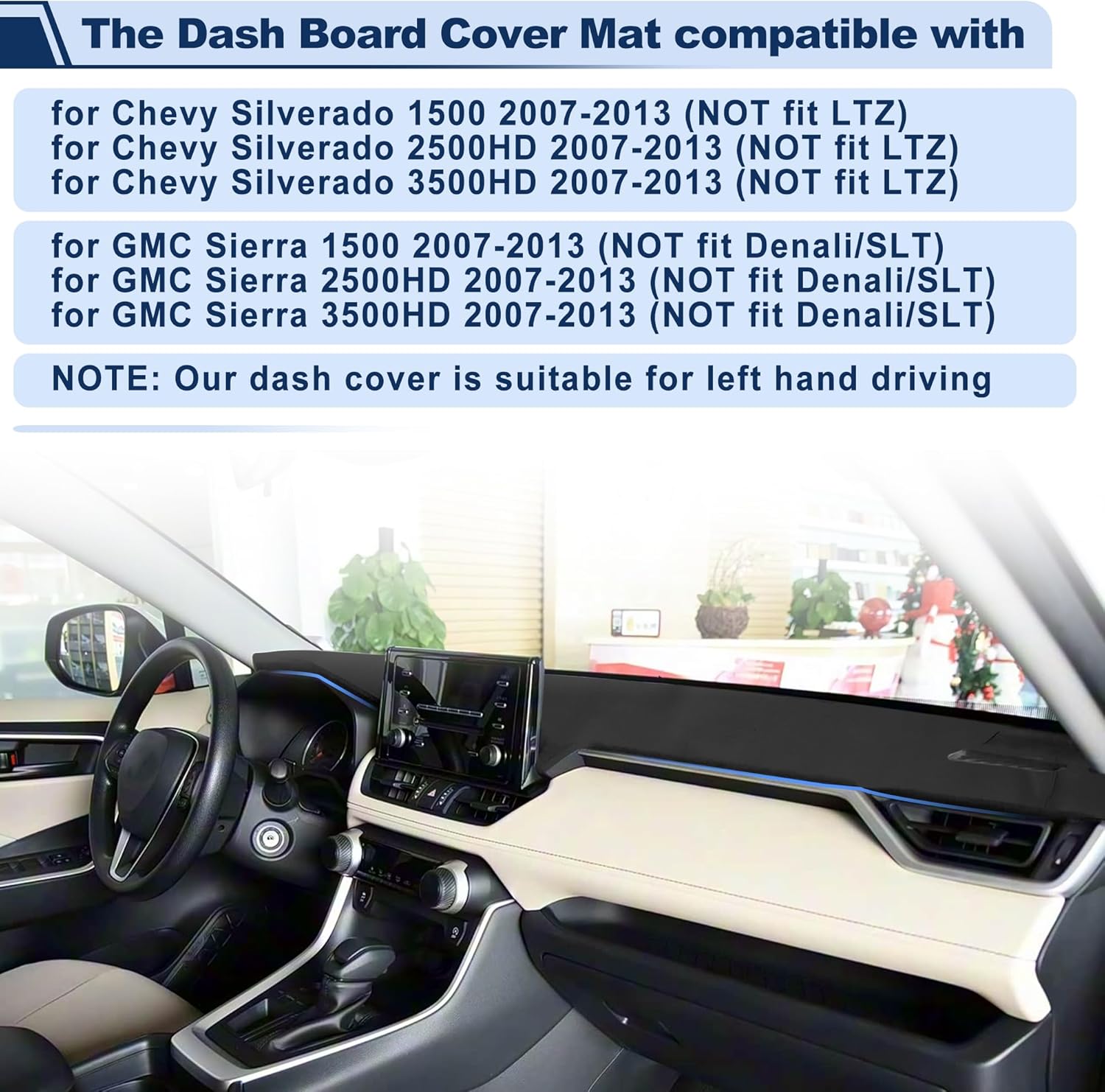 Leather Dash Cover for GMC Sierra for Chevrolet for Silverado 2007-2013 Dashboard Cover Mat Sunshade Non-Slip Dashboard Protector Anti-Glare& Beat the Heat