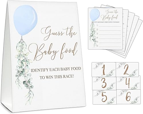 Guess the Baby Food Party Games, juego de baby shower, 1 letrero de pie + 25 tarjetas de respuesta + 6 tarjetas de números, suministros de