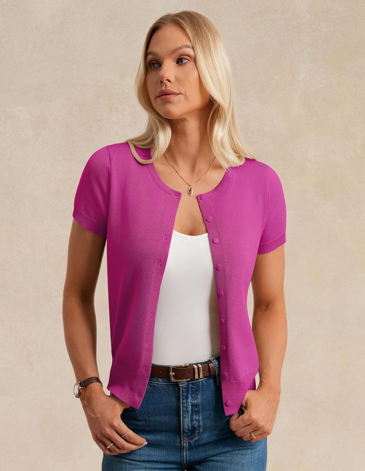 GRACE KARIN Short Sleeve Cardigans for Women, 2026 Summer Knitted Sweater Tops, Basic Crew Neck Crop Outfits - Image 3