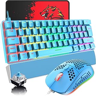 UK Layout 60% Mechanical Keyboard & RGB PC Gaming Mice & Wrist Rest Support & Mouse Pad, 19 Rainbow Backlit Mini 62 Keys Wired Gaming Keyboard and Mouse Set Ultralight For Laptop/MAC-Blue/Blue Switch
