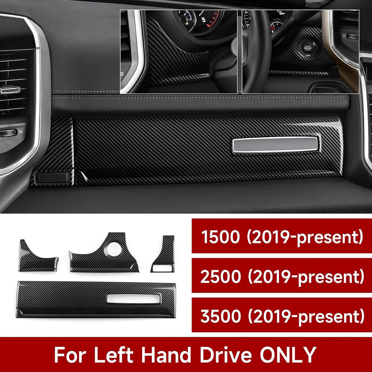 Car Dashboard Panel Trim Decals for 2019-2026 Dodge Ram 1500 2500 3500 Accessories Carbon Fiber Stickers, Black