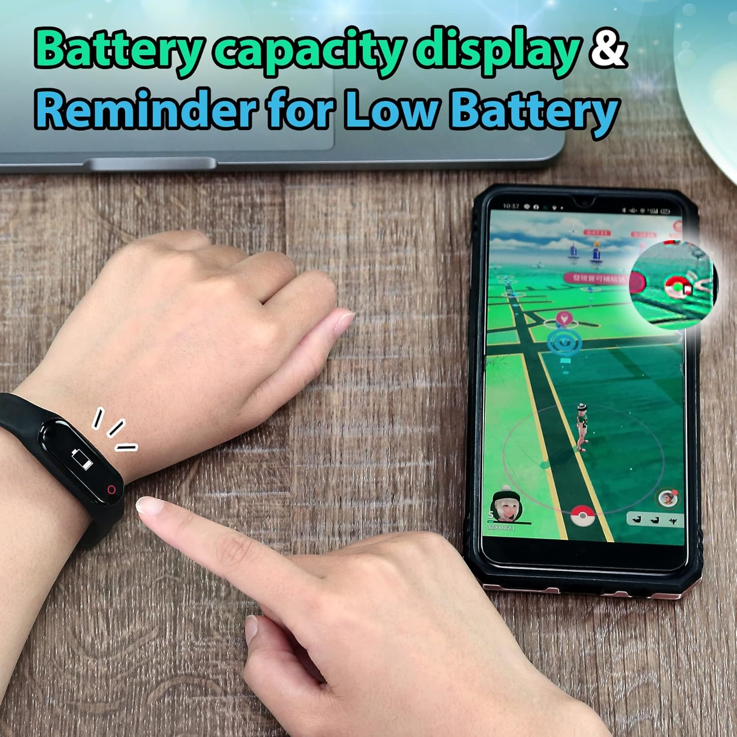 User checking battery capacity display on the Brook Pocket Auto Catch Plus while playing a mobile game