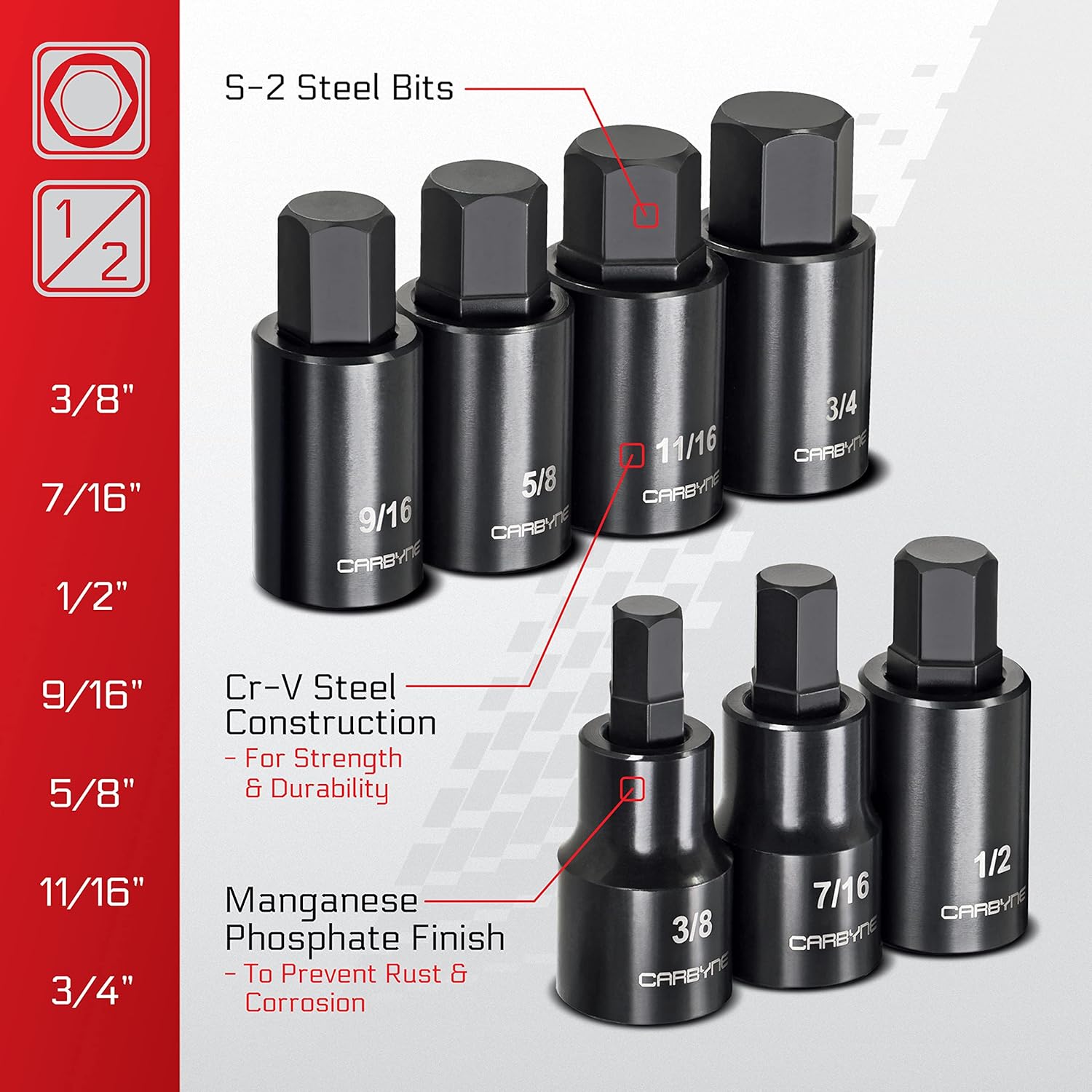 CARBYNE 7 Piece SAE Hex Bit Impact Socket Set (3/8” to 3/4”) AND 7 Piece Metric Hex Bit Impact Socket Set (9mm to 15mm). S2 Steel Bits | 1/2" Drive.