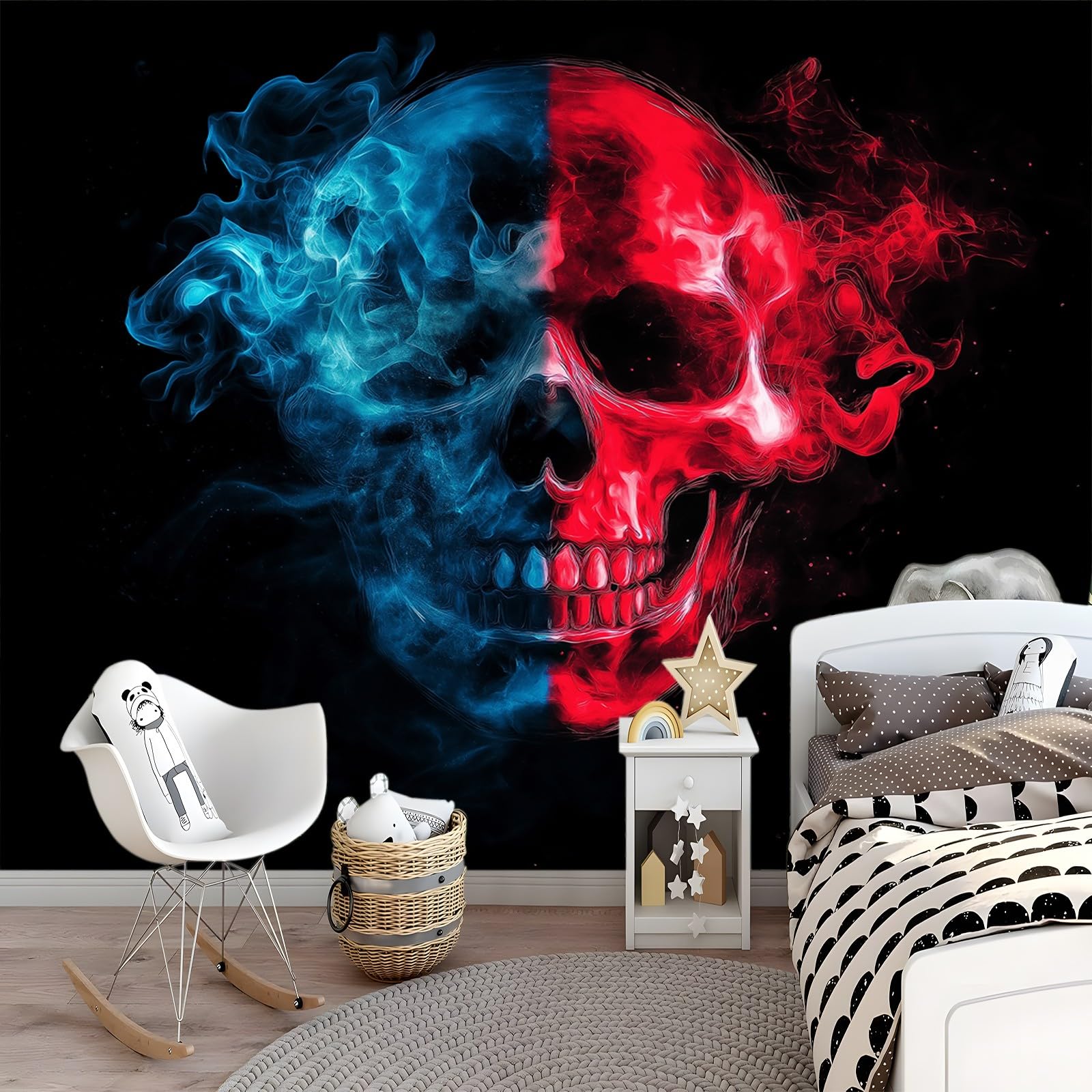 Panoramiczna tapeta fantazyjna czaszka płomień czerwony niebieski 200 x 140 cm (szer. x wys.) ogromny plakat ścienny niestandardowy 3D do salonu pokój dziecięcy dekoracja ścienna nowoczesna włóknina