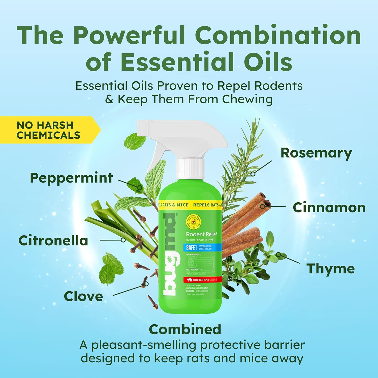 BugMD Peppermint Oil Spray for Rodents (2 Pack- 16oz) Mouse Repellent & Rodent Repellent Spray, Natural Mice Repellent with Cinnamon, Clove, and Rosemary Oils - Safe Indoor & Outdoor Use