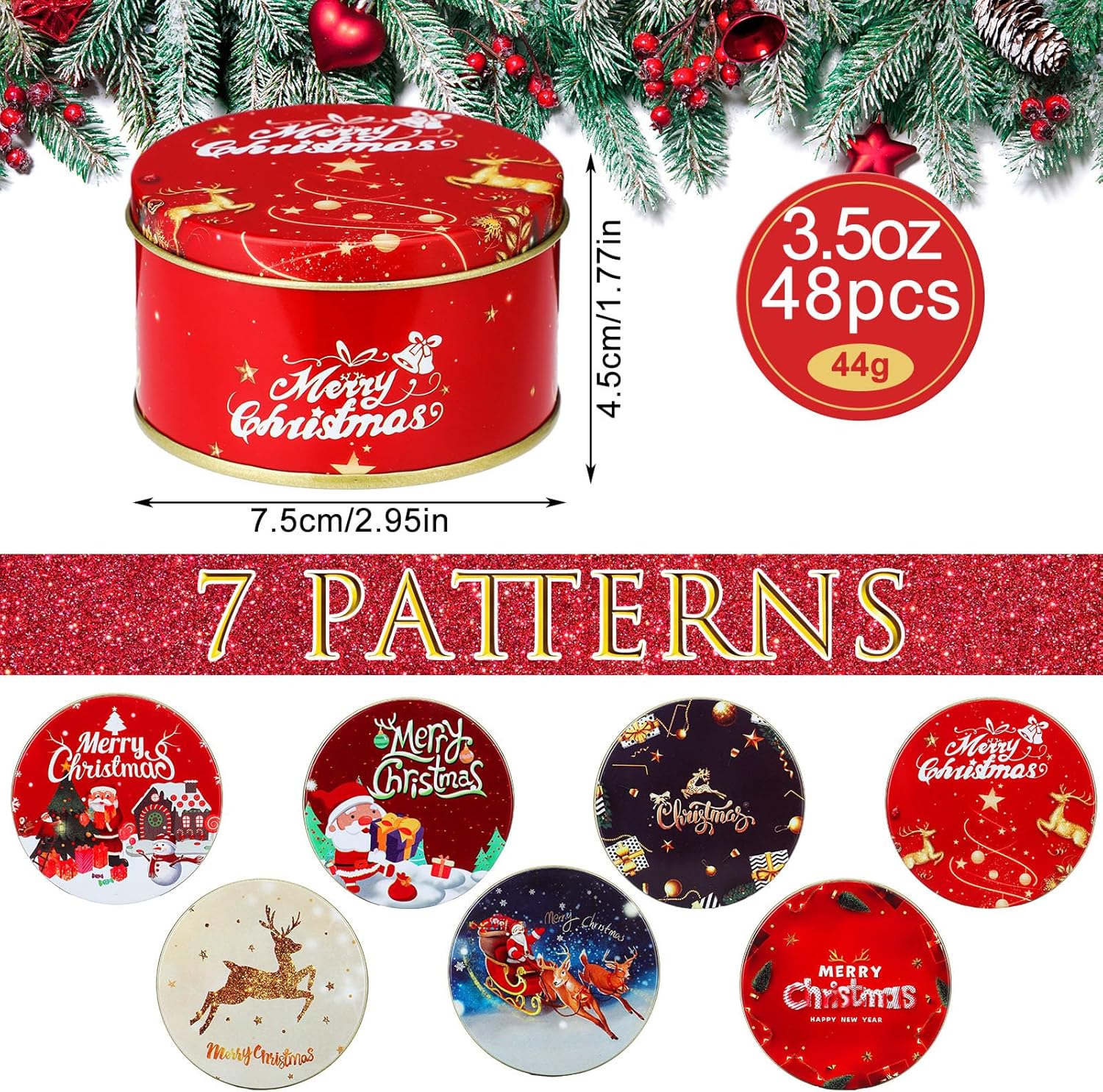Maxcheck 48 Pcs Round Christmas Cookie Tins with Lids - 3.5 oz Metal Candle Tins for Gift Giving, Cookie & Candy Storage