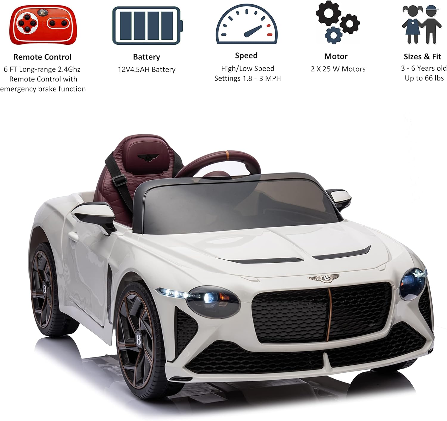 Rock Wheels Licensed Bentley Bacalar Kids Ride on Toy Car, 12V Rechargeable Battery Powered Children Electric 4 Wheels w/Parental Remote Control, Foot Pedal, 2 Speeds, Music, LED Headlights (White)