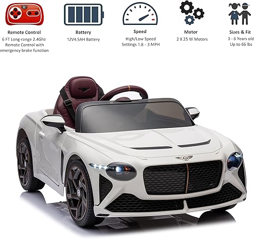 Miniatura 2 de Bentley Bacalar - Auto de juguete para niños con licencia de 12 V, recargable, 4 ruedas, con control remoto parental, pedal de pie, 2 velocidades,