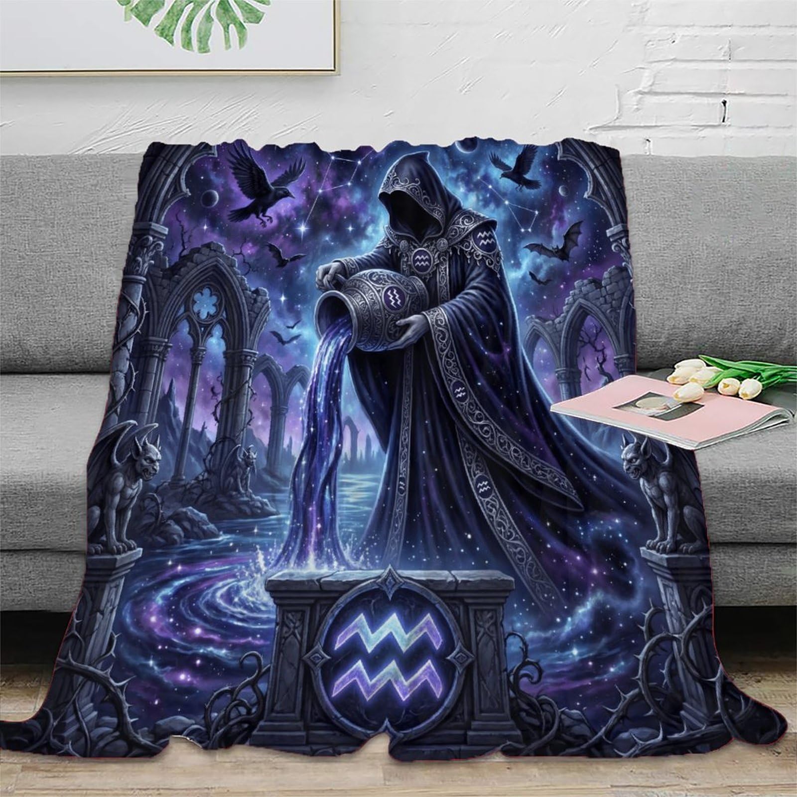W7C8U2X3 Aquarius Zodiac Mysterious Flannel Throw Blanket, Office Nap Use