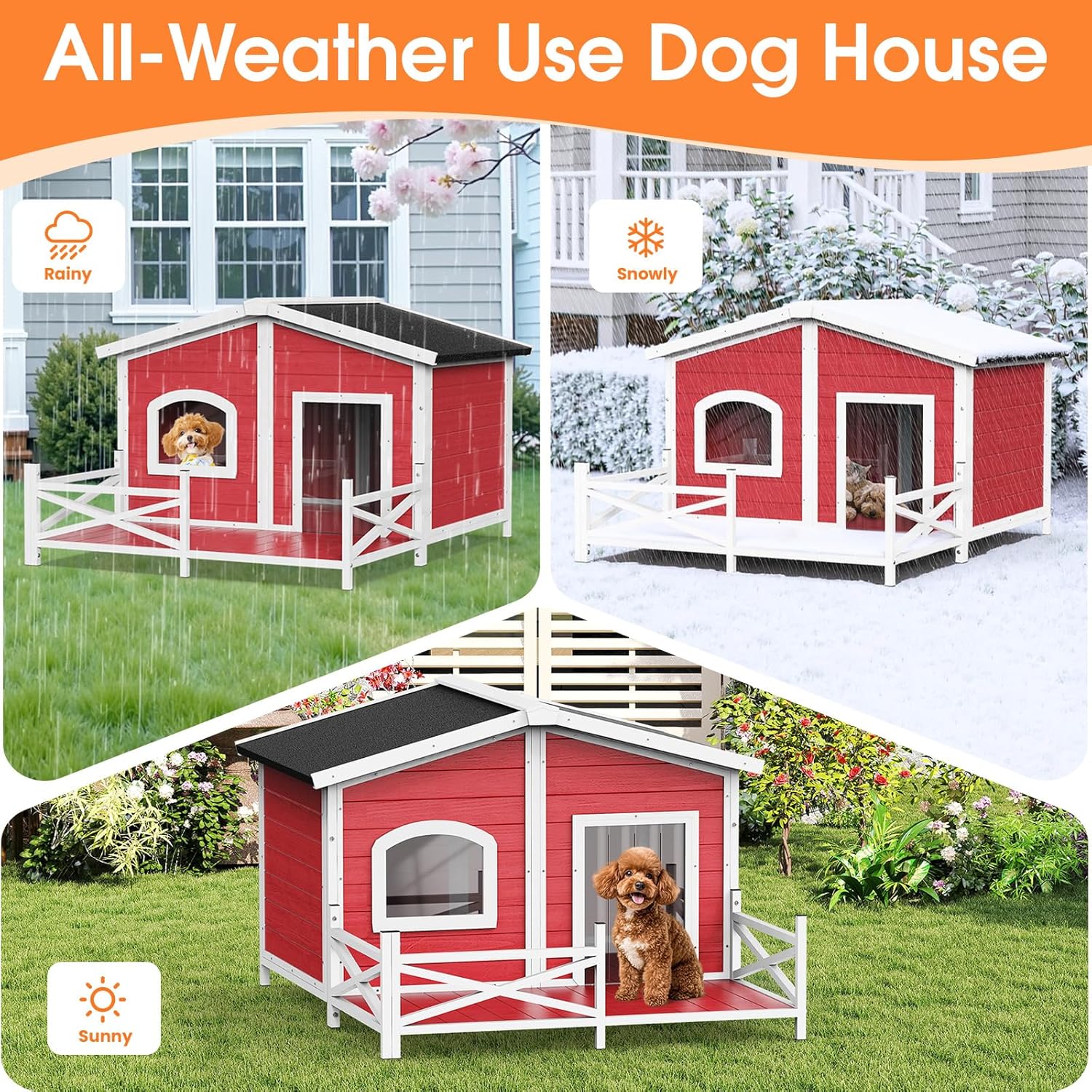 Large Dog House with Porch, Outdoor Dog House Keep Safe in All Weather, Large Porch and All-Around Iron Frame Design Dog Home for Small Medium Large Breed Dogs