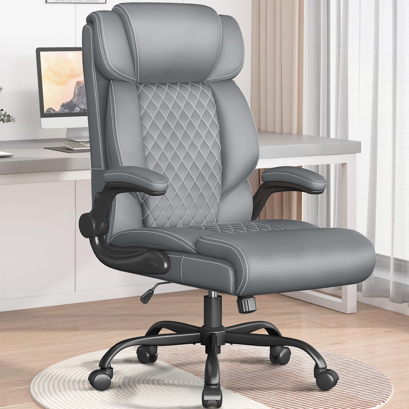 Office Chair Ergonomic Big and Tall Executive Desk Chair Breathable Leather Chair with Adjustable Flip-up Armrests Lumbar Support
