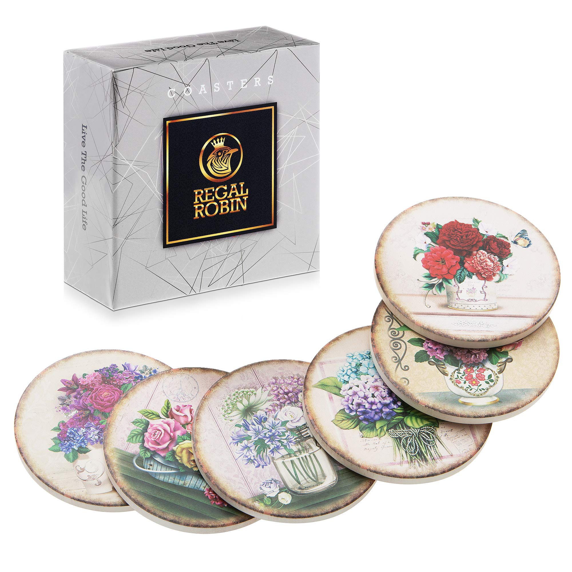 Regal Robin Absorbent Ceramic Rustic Coasters for Drinks Drink Coaster Set - Cute 4 Inch Novelty Coasters with Cork Back for Home, Office, Restaurant - Coffee Table, Desk, Kitchen Decor - Set of 6